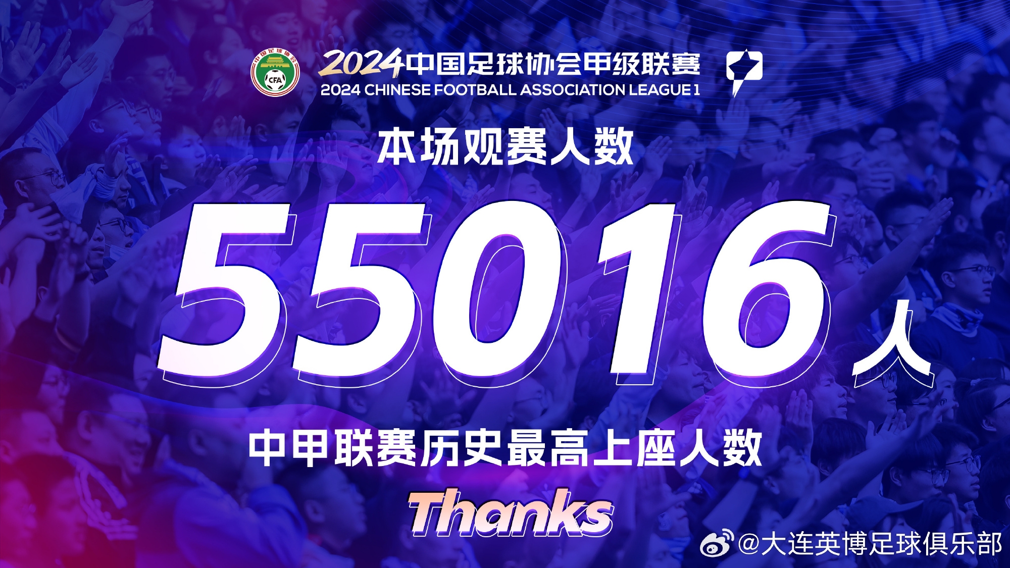 球市火爆！大连英博vs苏州东吴现场55016人观赛，创中甲上座纪录